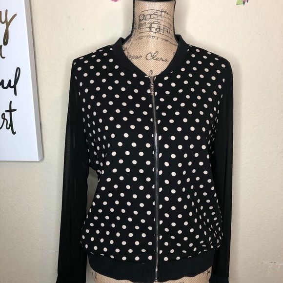 BCBG MaxAzria Discontinued Black, White Polka Dot Bomber with Sheer Sleeves Sz L - Picture 1 of 9